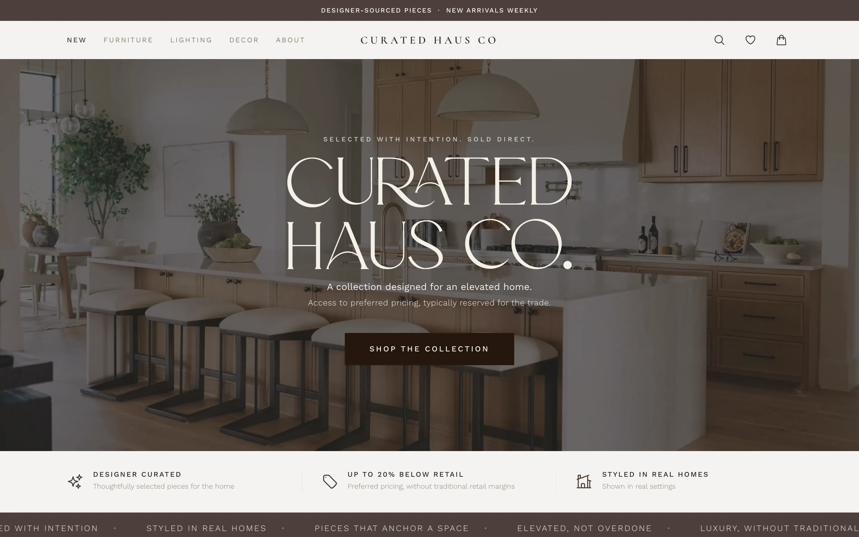 Homepage of Curated Haus Co, a designer furniture retailer