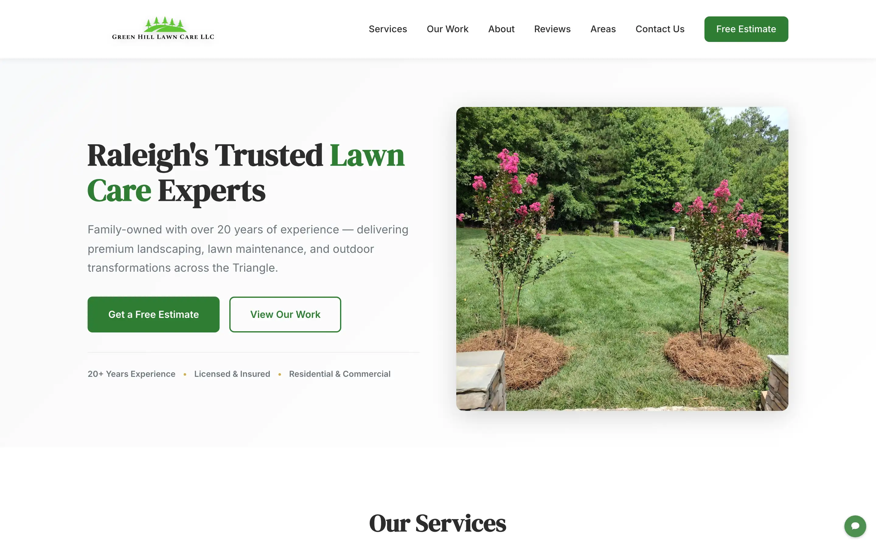 Homepage of Green Hill Lawn Care, a Raleigh landscaping company